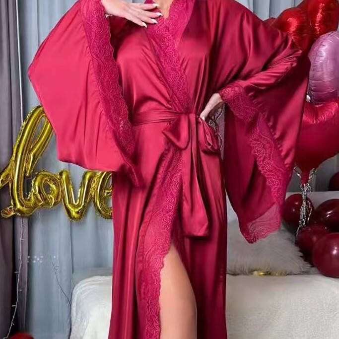 Cross-border New Satin Long Pajamas Women's Lace Light Luxury Long Sleeve Cool Nightgown Bathrobe Home Clothes Women's 7777