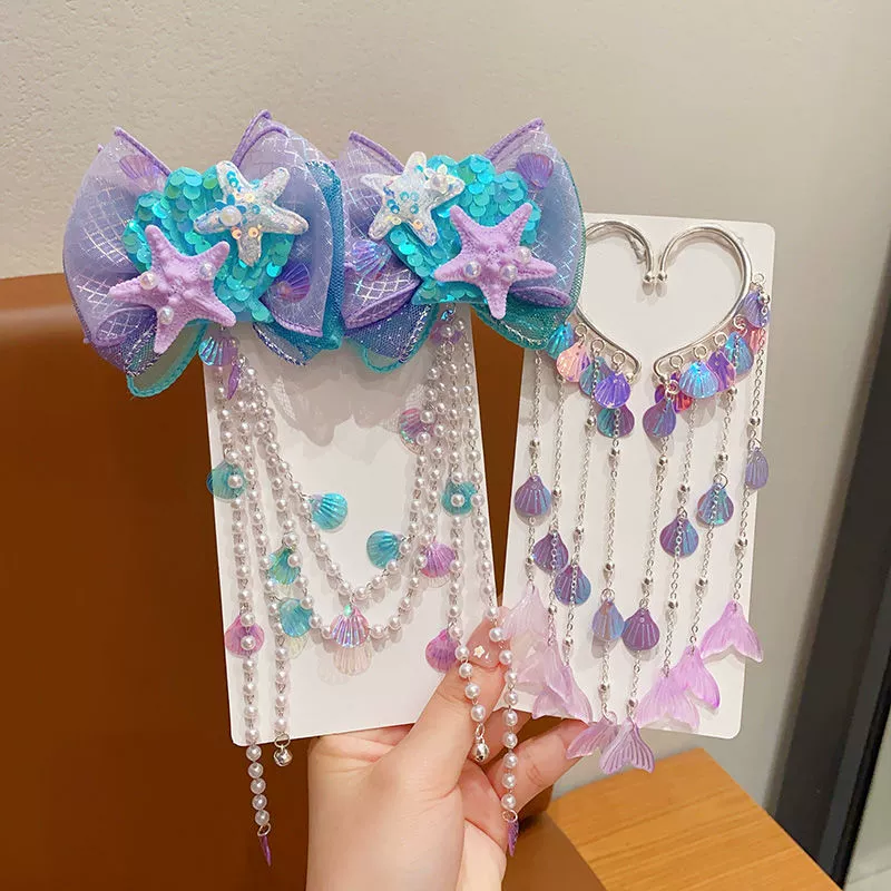 Детская Русалка Лоб Цепь Принцесса Кеточки Фа Карточка Головные уборы Девочка Раковина Серьги Пиранья Джи Фа Украшения