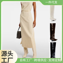 长靴一脚蹬24高版跟秋冬矮高跟靴长靴黑色米白色深棕色黑色绒里女