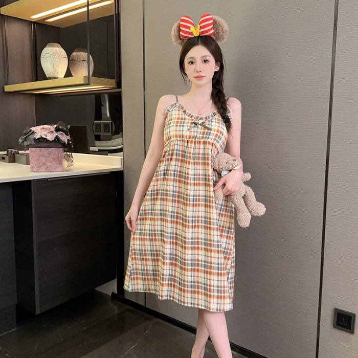 Verano con almohadilla de pecho pijama largo mediano pijama mujer nubes de algodón dulce lindo estudiante vestido de ropa casera casual