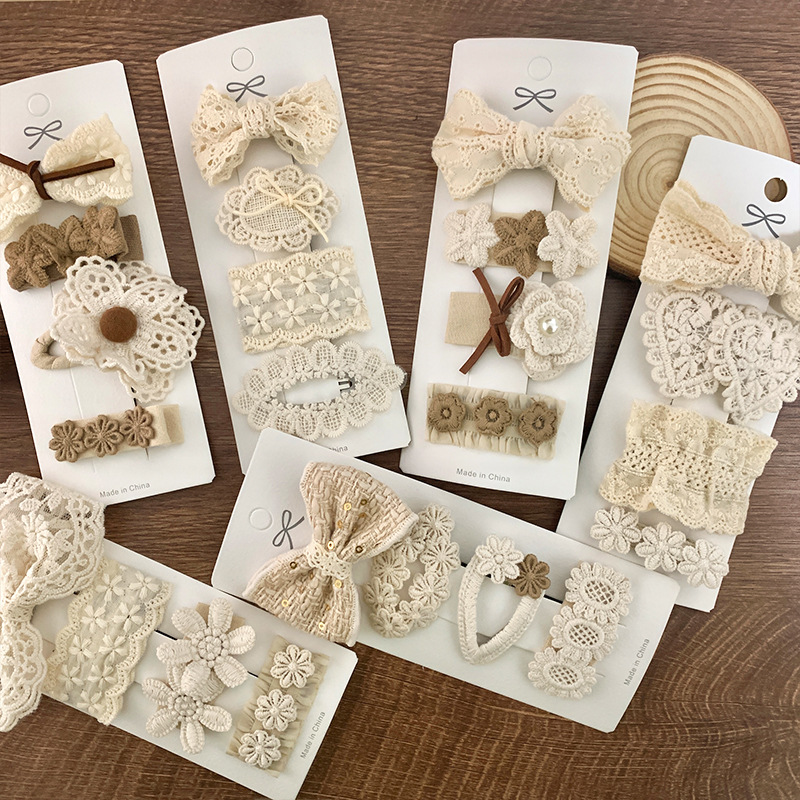 Nuevo estilo coreano de café de leche de tela de encaje de cabello de 4 cabello de bebé arco adorable toque de cabello de flores