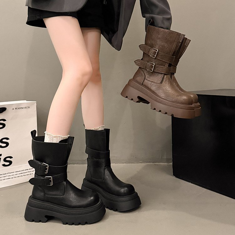厚底马丁靴女2025秋季新款废土风西部牛仔靴中筒废土风黑色短靴子|undefined