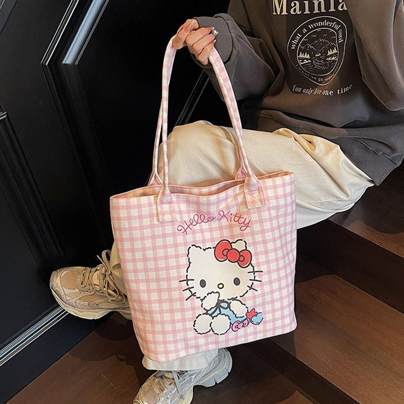 日本の漫画チェック柄キャンバスバッグ女性の夏の大容量円筒形バッグ多用途学生通勤学生クロスボディバッグ|undefined