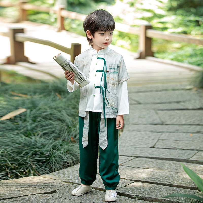 Children's Spring 2024 New Long-Sleeve Hanfu Set, Chinese Style Performance Costume, Ethnic Tang Suit, Fashionable for Online Influencers