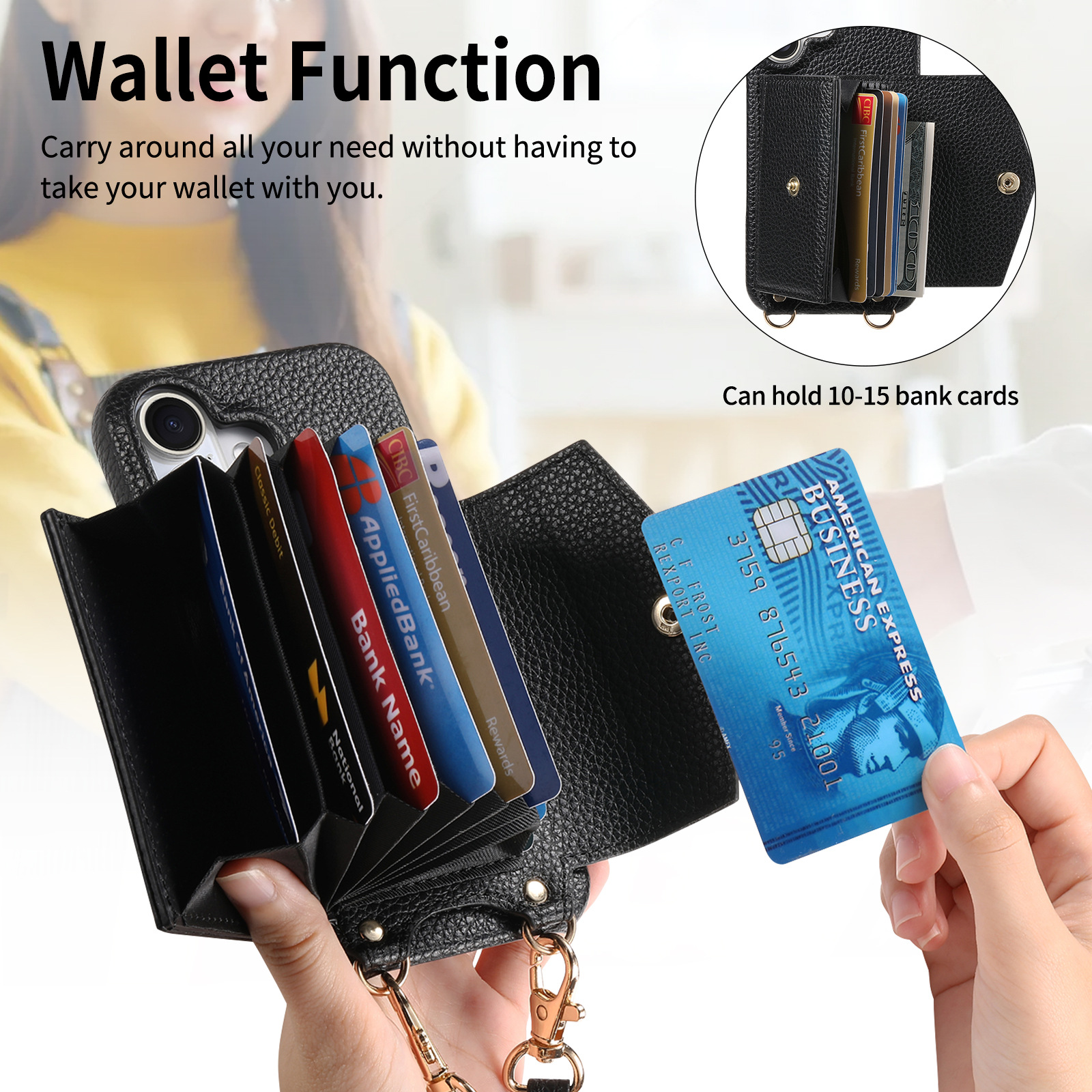 Custodia in pelle per telefono TechGlobe Lychee Texture compatibile con iPhone Accordion Crossbody con tracolla lunga 17 15 Mirror Window 12_voghion.com