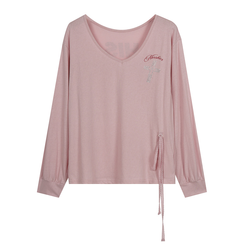 2026 Summer New American-Style Rhinestone Lace-Up Waist-Cinching Long-Sleeve T-Shirt for Women, Thin Slim-Fit Cover-Up Top 2026 Summer New American-Style Rhinestone Lace-Up Waist-Cinching Long-Sleeve T-Shirt for Women, Thin Slim-Fit Cover-Up Top
