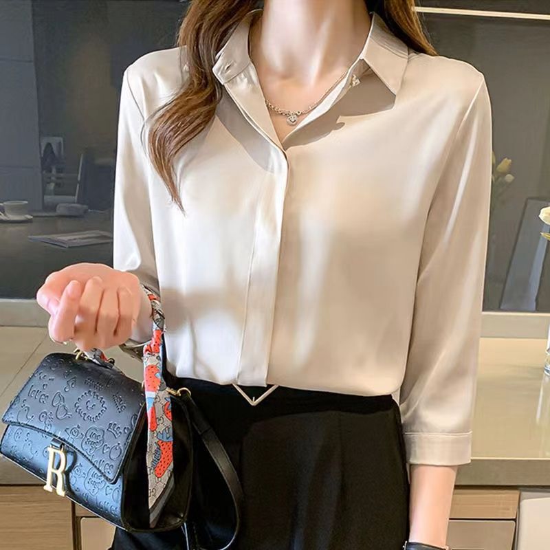 杭州のシルクのシャツの女性の長袖の春秋服の新型の绢糸の上着の白い職業は底のシャツの女性を詰めます。|undefined