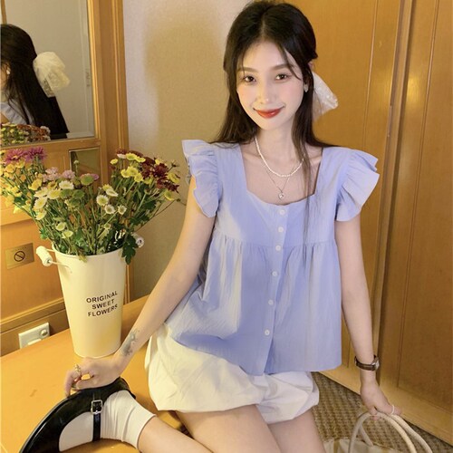 Short-sleeved New Summer Dress Hot Girl 2024 Square Neck Short Feifei Sleeve Floral Chiffon French Plaid Navel Top