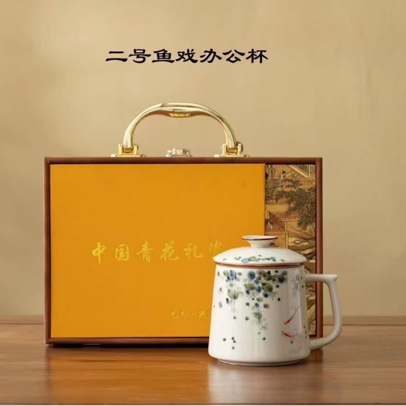 草木灰手绘青花陶瓷办公泡茶个人专用茶水分离过滤办公杯带盖茶杯|undefined