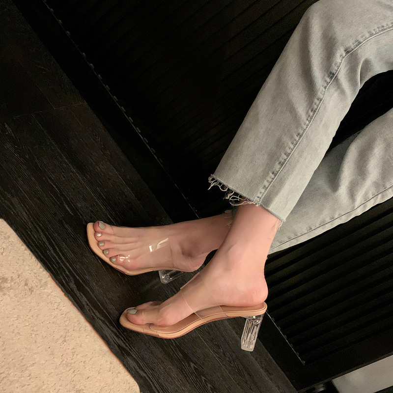 2025 Summer New Comfortable All-match Sandals and Slippers Transparent One-word Crystal High-heeled Thick-heeled Sandals for Outer Wear 2025 Summer New Comfortable All-match Sandals and Slippers Transparent One-word Crystal High-heeled Thick-heeled Sandals for Outer Wear