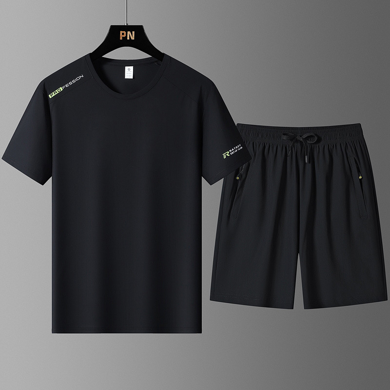 Traje deportivo de seda de hielo de secado rápido de tamaño extra grande Camiseta de manga corta para hombre Nuevo estilo de verano Pantalones casuales para hombre de todo fósforo Conjunto de dos piezas