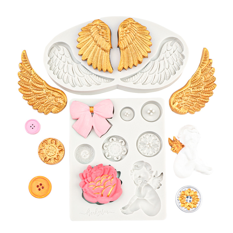 Alas de ángel, fondant, pastel de chocolate, decoración, pegamento hecho a mano, botón de lazo, molde de silicona de angelito