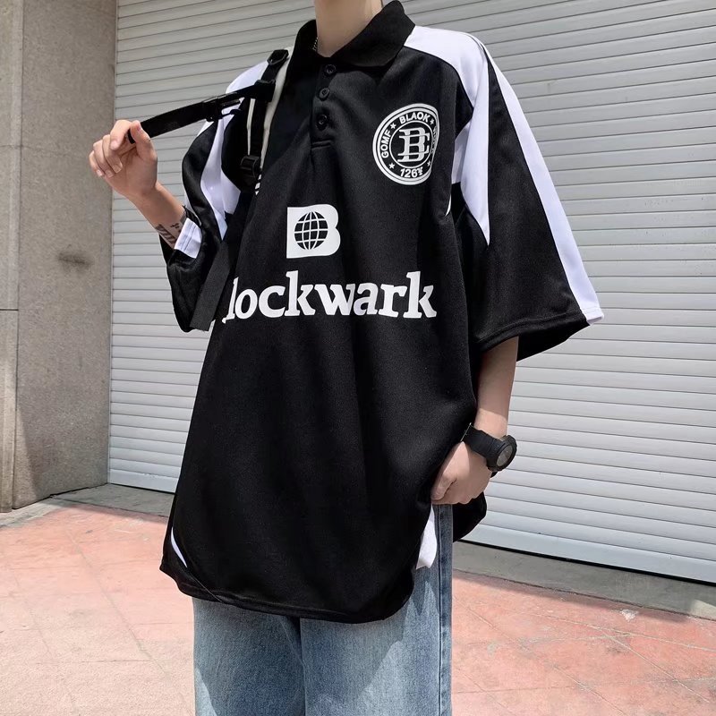 High Street American retro manga corta Camiseta hombres ins suelta costura motocicleta impresa pareja Polo camisa