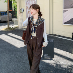 复古老钱风高级感时尚套装女秋2025新款设计感马甲阔腿裤两件套
