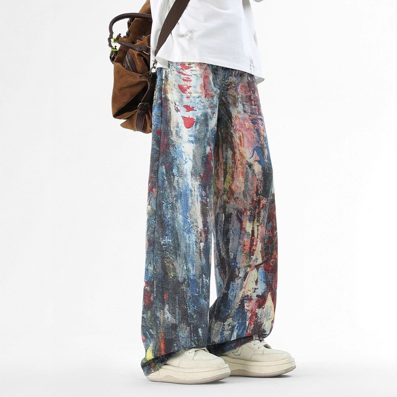 Directly from the Manufacturer [Same Style as Ju Jingyi] Summer Graffiti Dopamine Jeans for Men, Thin Style, Unique Casual Pants, Trendy