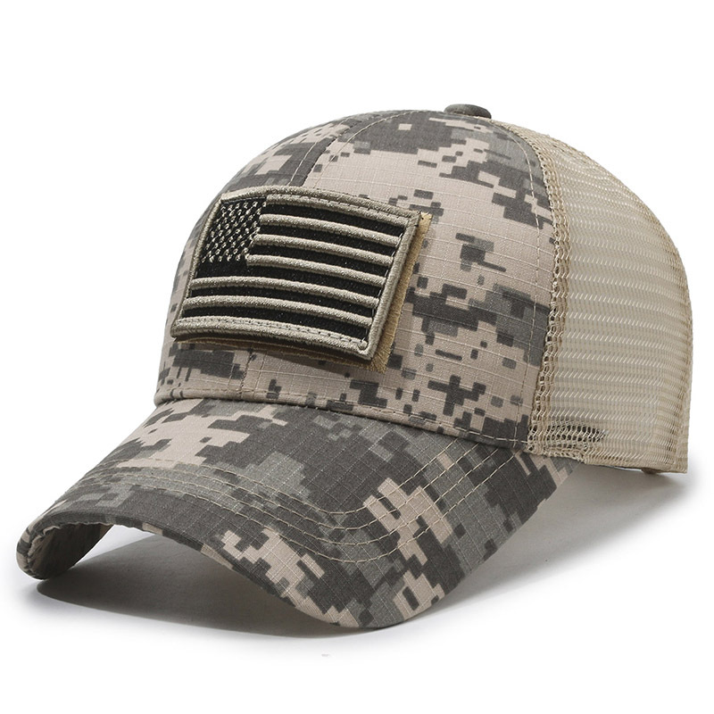 Sello estadounidense, etiqueta rasgada, gorra de velcro, moda al aire libre, protector solar, gorra de red de béisbol, sombrero de camuflaje táctico para hombres