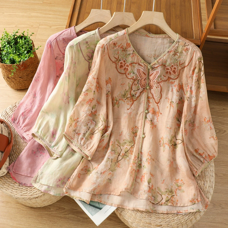 Летние женские рубашки в этническом ретро стиле 2025 года, улучшенная литературная вышивка, свободный крой, китайский стиль