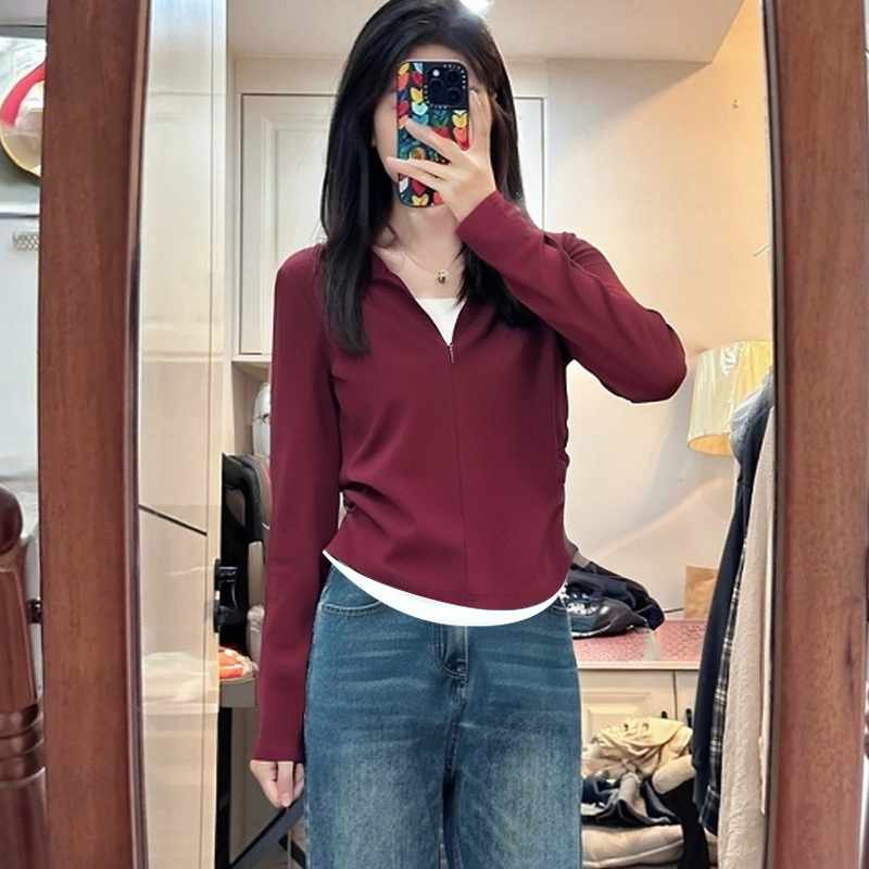 黑色捏褶显瘦拉链半开领长袖t恤女2025春季新款假两件打底衫上衣|undefined