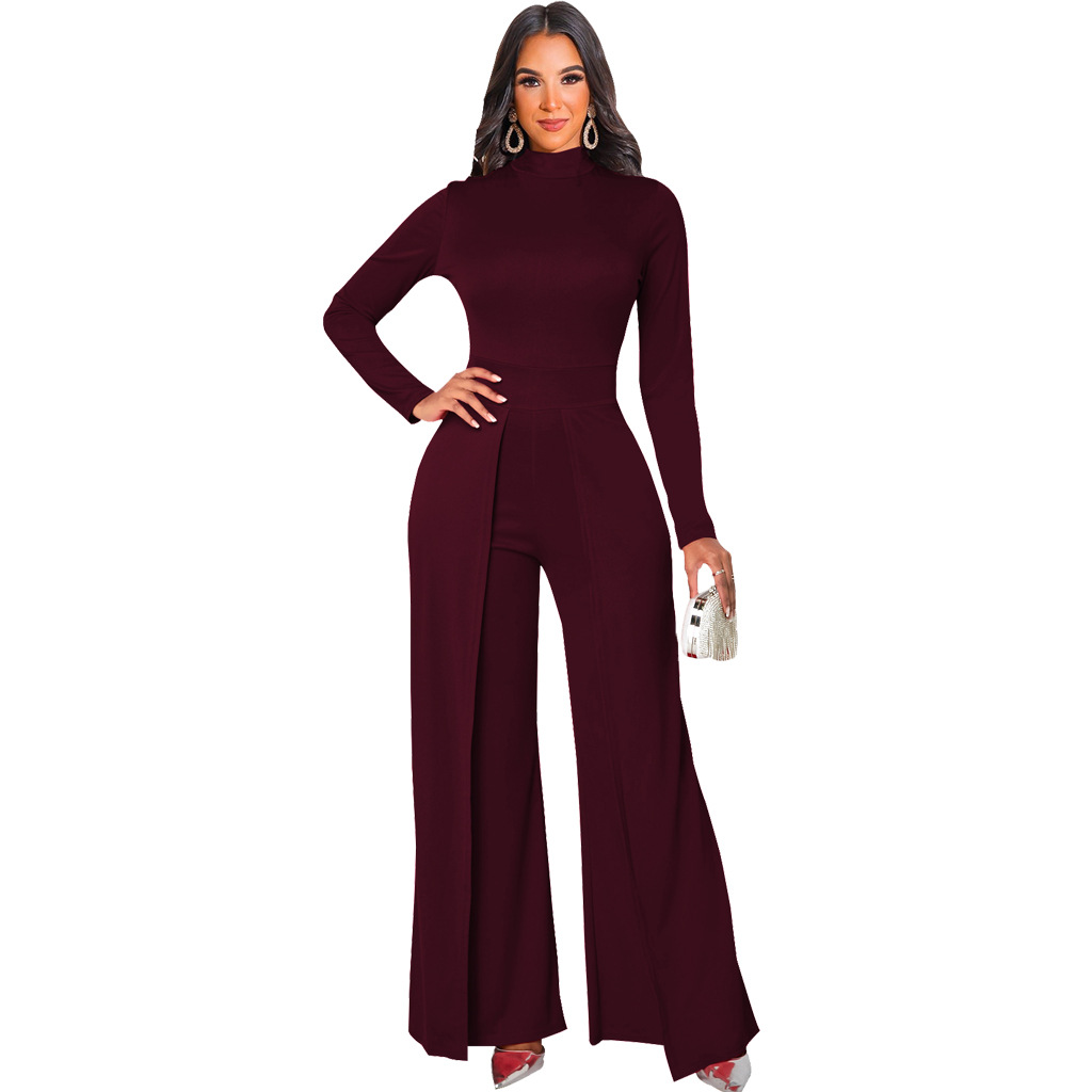 Solid Color Slim Wide Leg Long Sleeve Jumpsuit NSMRF116721