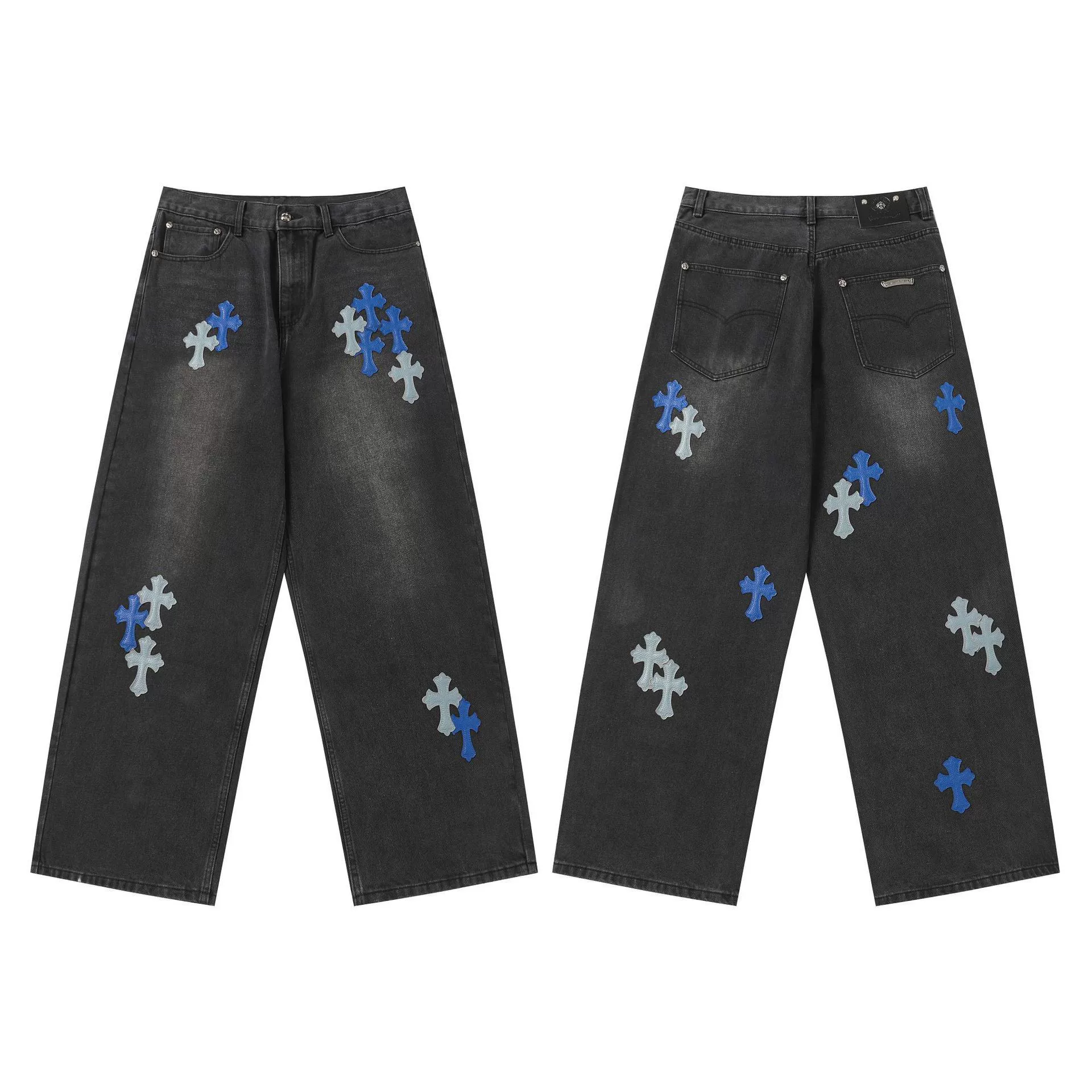 Исправленная версия джинсов с нашивкой крестом Chrome Hearts Croix, вышитые, выстиранные, оптом, дропшиппинг