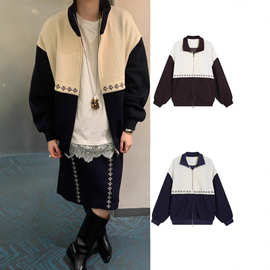高版本定~制IC25秋冬新款简约百搭撞色拼接拉链夹克刺绣绒感外套