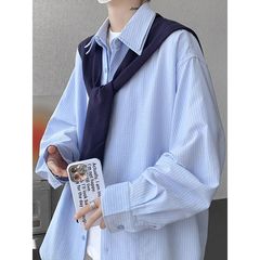 学院风长袖衬衫男针织披肩假两件蓝色衬衣秋季设计感条纹休闲外套