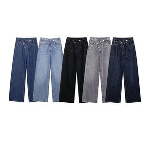 European and American cross-border women's clothing wholesale women's double-breasted trousers waist high waist wide leg jeans
