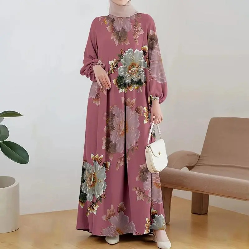 Bohemian Floral Maxi Dress – Loose Fit Long Sleeve With Ethnic Print (S-5XL, Polyester Blend, Round Neck)_ecoleips.com
