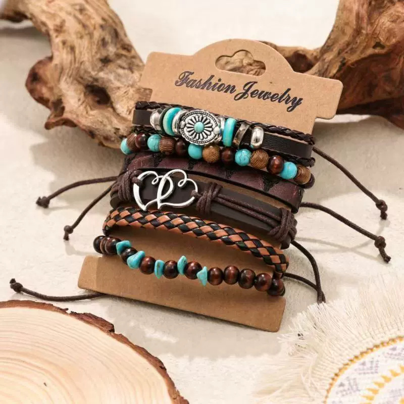 Nuevos productos transfronterizos Cuentas de madera europeas y americanas con cuentas de múltiples capas flor retro pluma de pavo real juego de pulsera tejido a mano en forma de corazón image 6