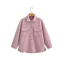 外贸2024欧美冬季新款气质翻领长袖单排扣蓝色口袋百搭衬衫女1666