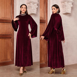 Cross-border Middle East Muslim Saudi Arabia Embroidered dress Bell Sleeve Belt Zipper Blouse