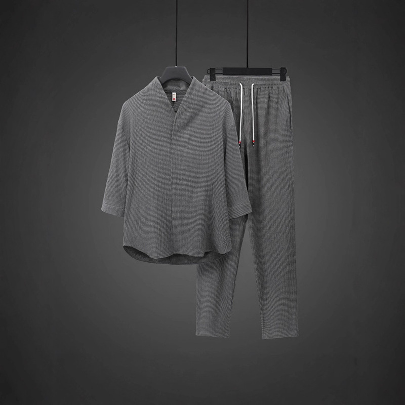 2025 New Style Thin Casual Sports suit Men's Summer Chinese Style High-end V-neck Slim-fit Seven-point Sleeve Two-piece Set 2025 New Style Thin Casual Sports suit Men's Summer Chinese Style High-end V-neck Slim-fit Seven-point Sleeve Two-piece Set