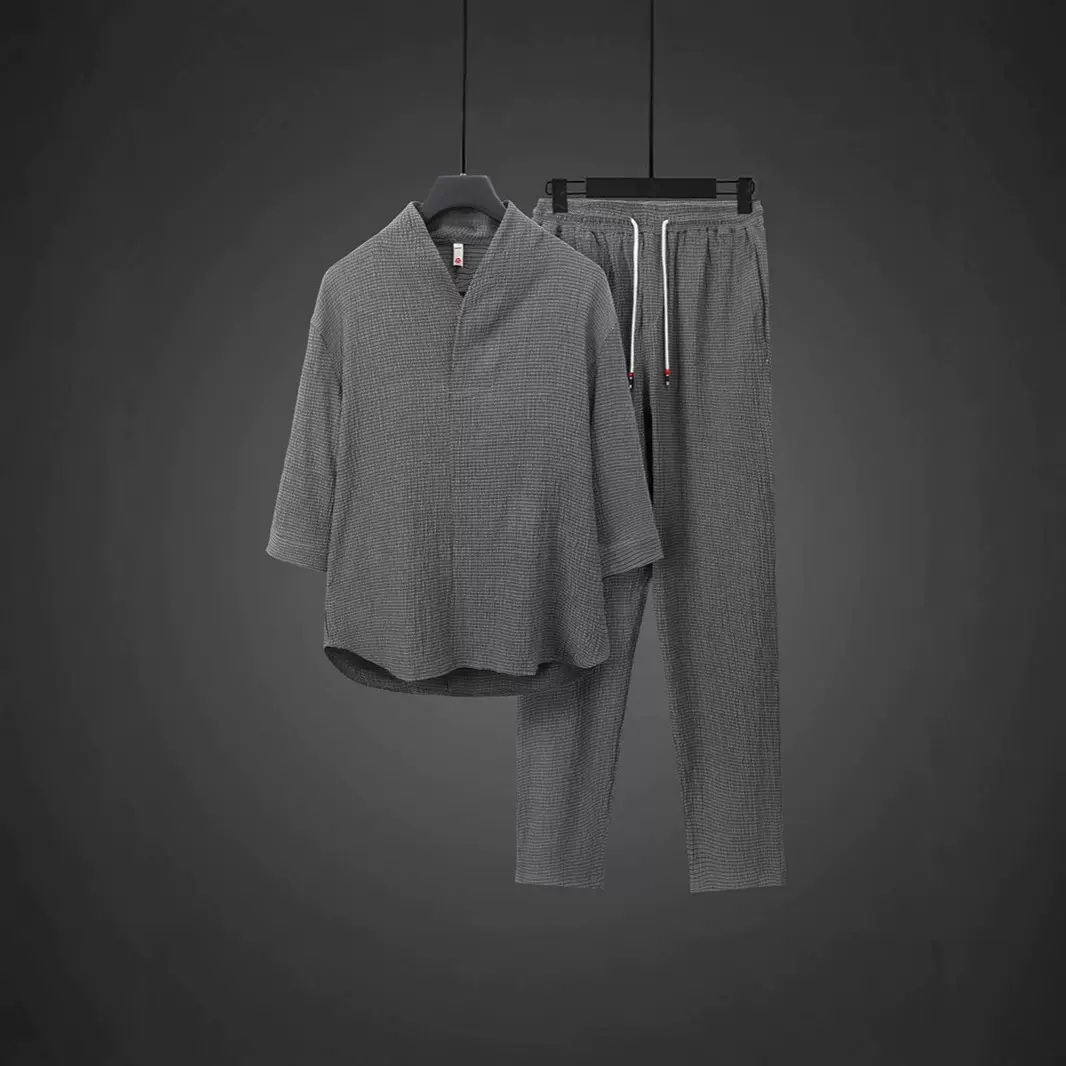 2025新款薄休闲运动套装男夏季 中国风高端V领修身七分袖两件套