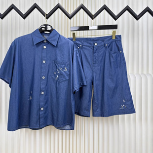 Ceiling High Version Lujia New Sailboat Embroidered Denim Shorts Micro-Label Embroidered Men's and Women's Short-Sleeved Suit