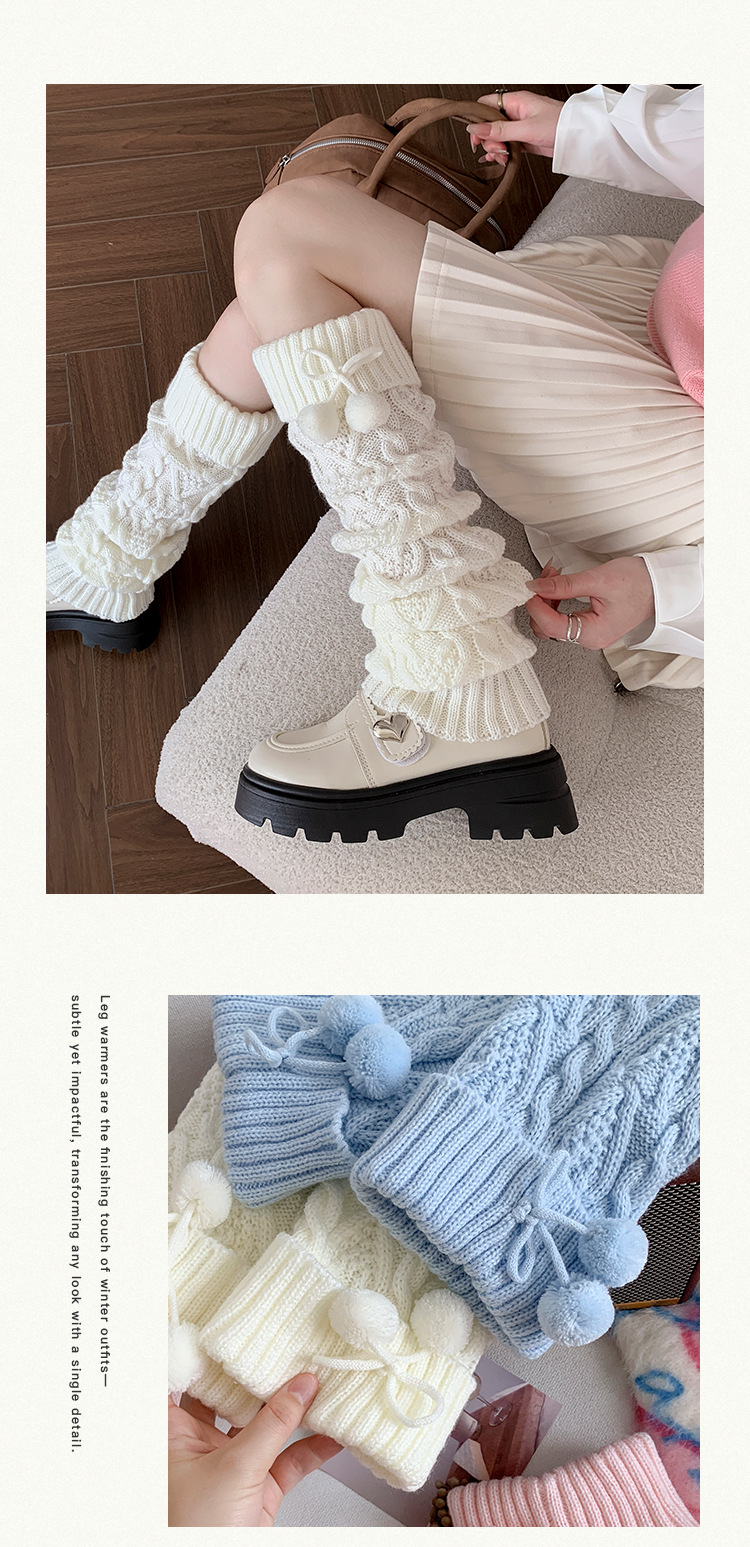 Scaldamuscoli Calzini di cotone e lana per donna, lavorati a maglia, caldi e spessi, leggings con palline di pelo carine, stile giapponese, lunghi sopra il ginocchio_voghion.com