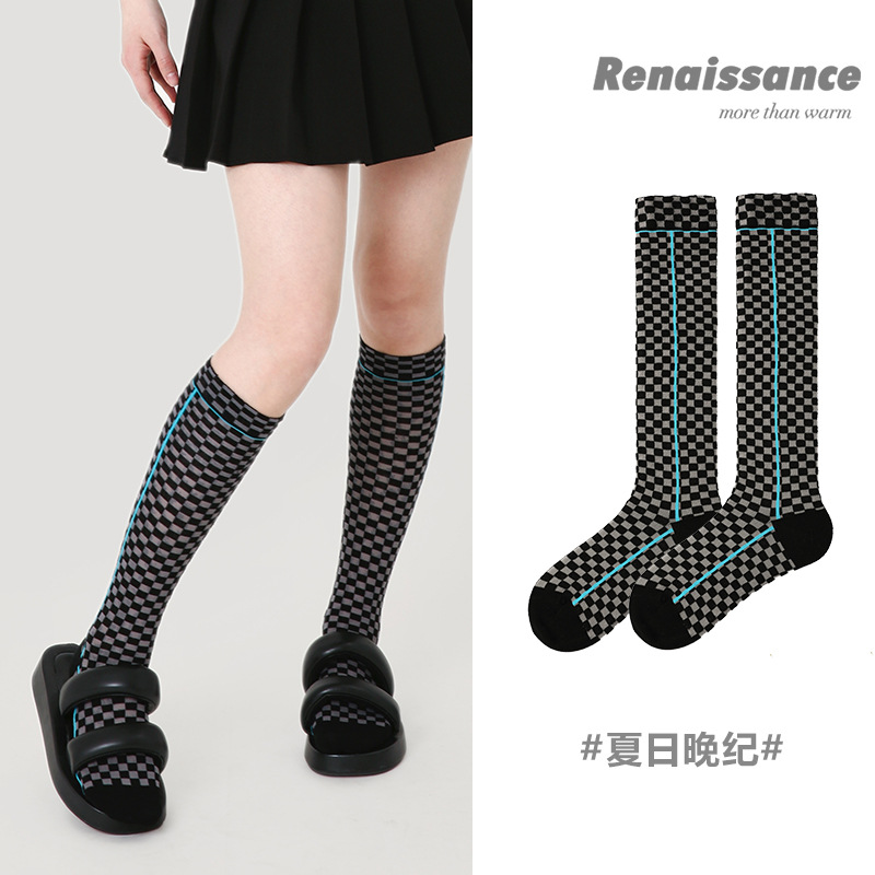 Renaissance Original Women's Socks Spring And Summer Simple Plaid Mid-length Socks Calf Socks Versatile Pile Socks For Women