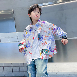 Men's Big Children's Spring Dress Graffiti Long Sleeve Shirt 2025 New Children's Dress Shirt Jacket Boy's Spring Plutton Handsome Top