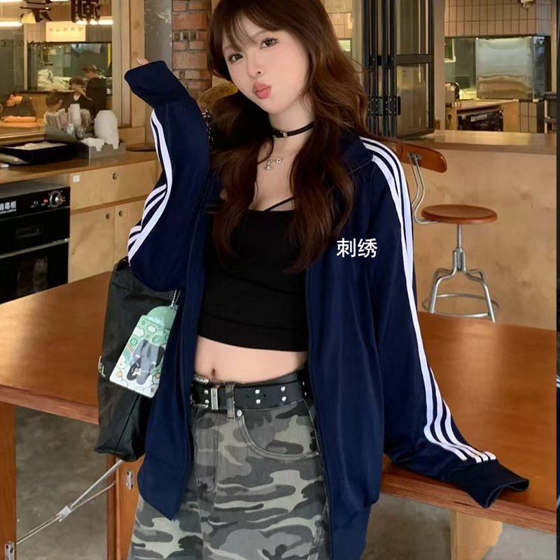 Korean Style Gold Winter Jacket with Three Stripes and Three-Leaf Embroidery Stand Collar Cardigan Sweatshirt Jacket Top for Men and Women