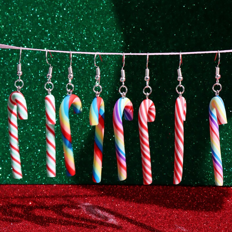 欧米の擬似ソフト陶の大きいサイズの松葉杖の砂糖のクリスマスの七色のストライプの虹の砂糖のペンダントのイヤリング|undefined