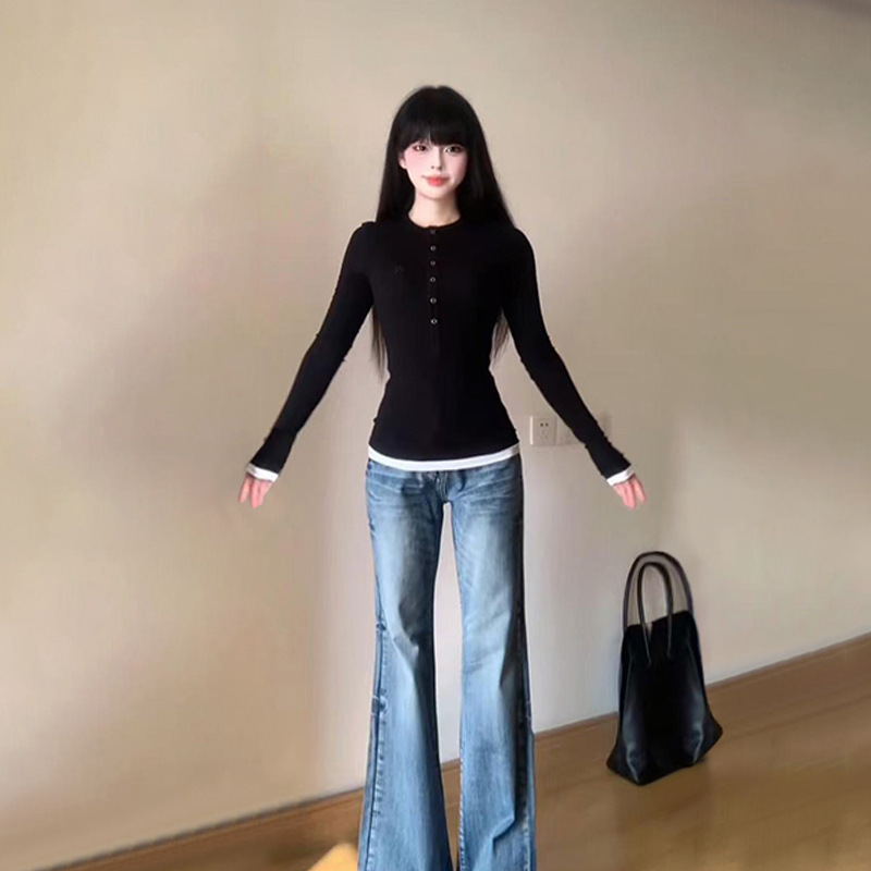 设计感小众假两件长袖T恤女春秋内搭短款打底衫辣妹修身显瘦上衣|undefined