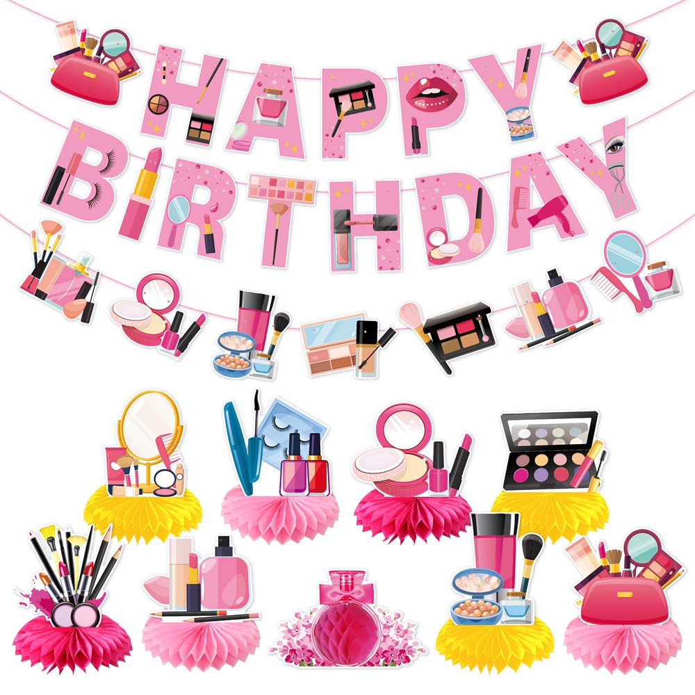 Nueva decoración de fiesta de cumpleaños maquillaje conjunto de temas de maquillaje decoración de fiesta de cumpleaños tarta de bandera