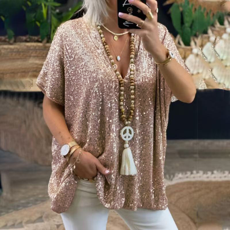 Camiseta de manga corta con lentejuelas y cuello en V, estilo urbano informal, holgada, de color, para mujer, nueva colección 2026 de Amazon, estilo europeo y americano.