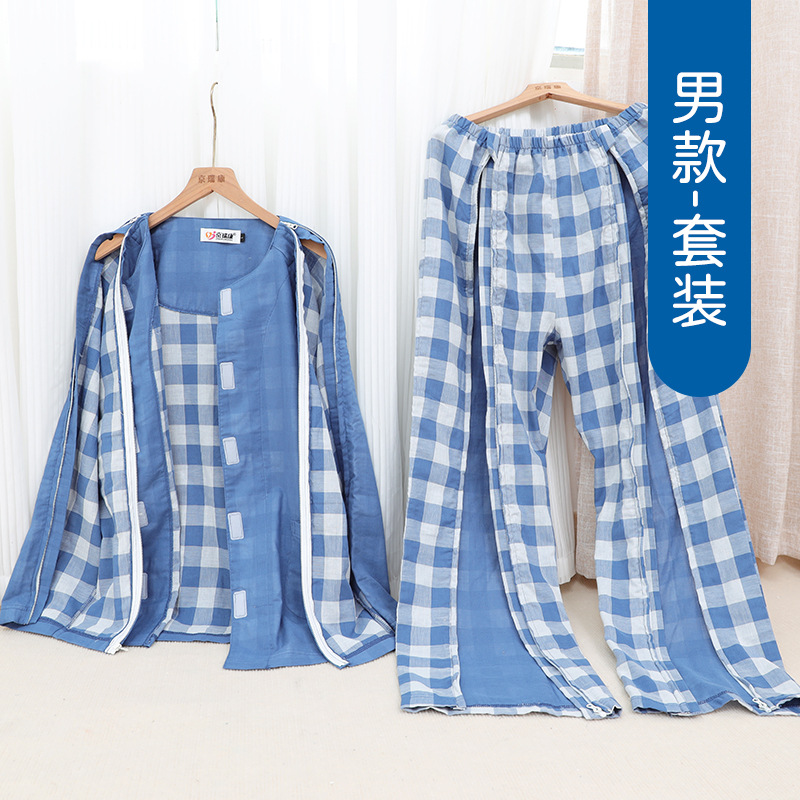 Doble hilo de algodón puro tipo abierto fácil de quitar la enfermedad ropa de cuidado de la fractura ropa a largo plazo postrado en cama paralizado ancianos pijamas verano