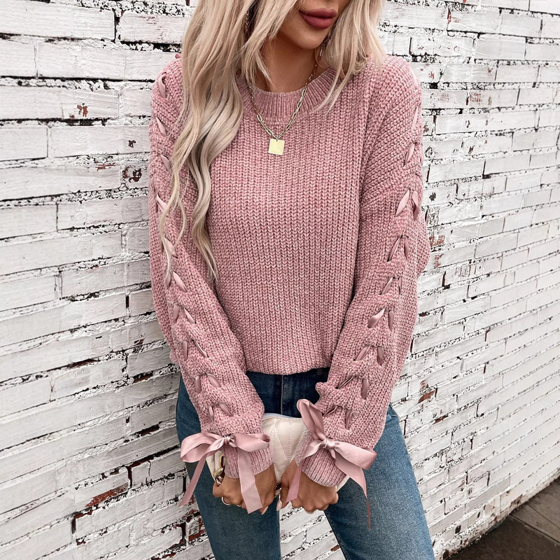 Lace-Up Bow Pullover Autumn and Winter Women's Cross-Border Sweater Loose Casual Long-Sleeved Knitwear European and American Women's Tops