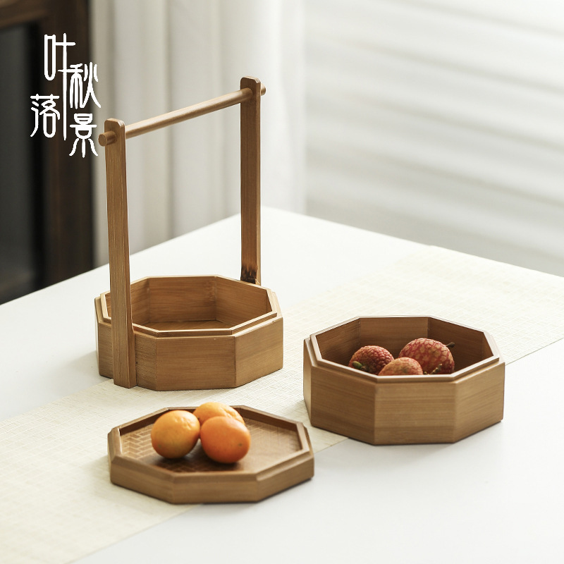 竹木新款复古提篮三层便携式茶具收纳盒食盒托手提新中式茶道篮子|undefined