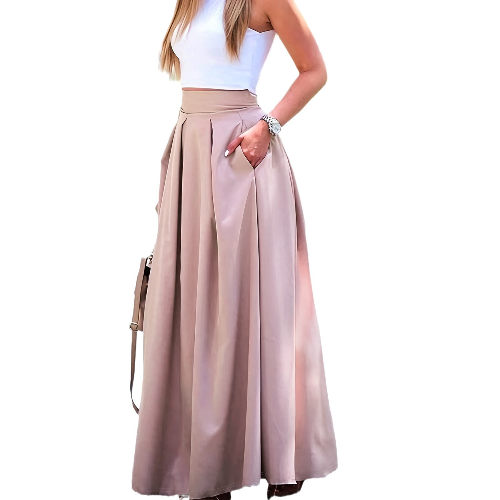 Amazon transfronterizo europeo y americano nuevas mujeres más tamaño color sólido cintura alta casual suelta una línea Maxi falda