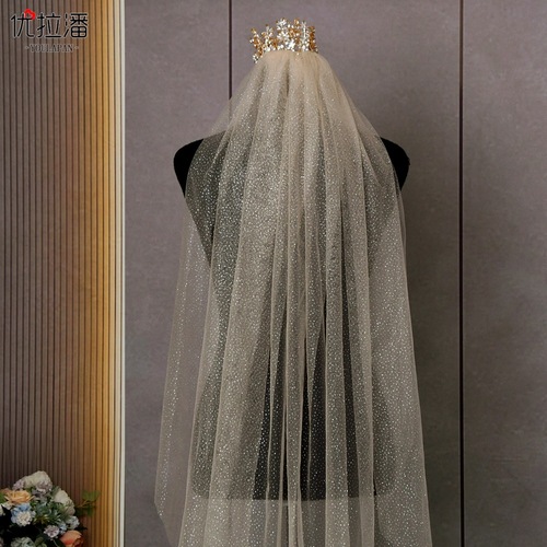 Ulapan Japanese and Korean Sensual Super Fairy Fantasy Bronzing Starry Sky Veil Bridal Champagne Color Wedding Dress Short Veil V101