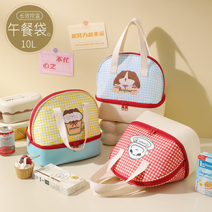 New Double-Layer Cartoon Plaid Lunch Bag Office Worker Lunch Box Handbag Lunch Insulation Bag Student Lunch Box Bag