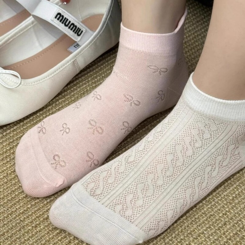 靴下女性のリボンかわいい日本バレエスタイルミッドカーフソックス純綿夏薄いメッシュ白靴下夏|undefined