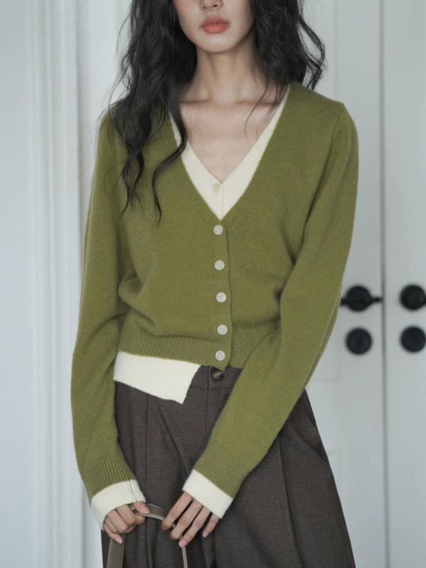 EIGHTMONTH 绿色假两件毛衣女秋季新款针织开衫上衣慵懒感|undefined